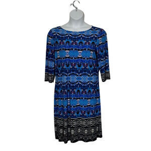 Women's size large blue, black multi colored knee length 3/4" sleeve dress